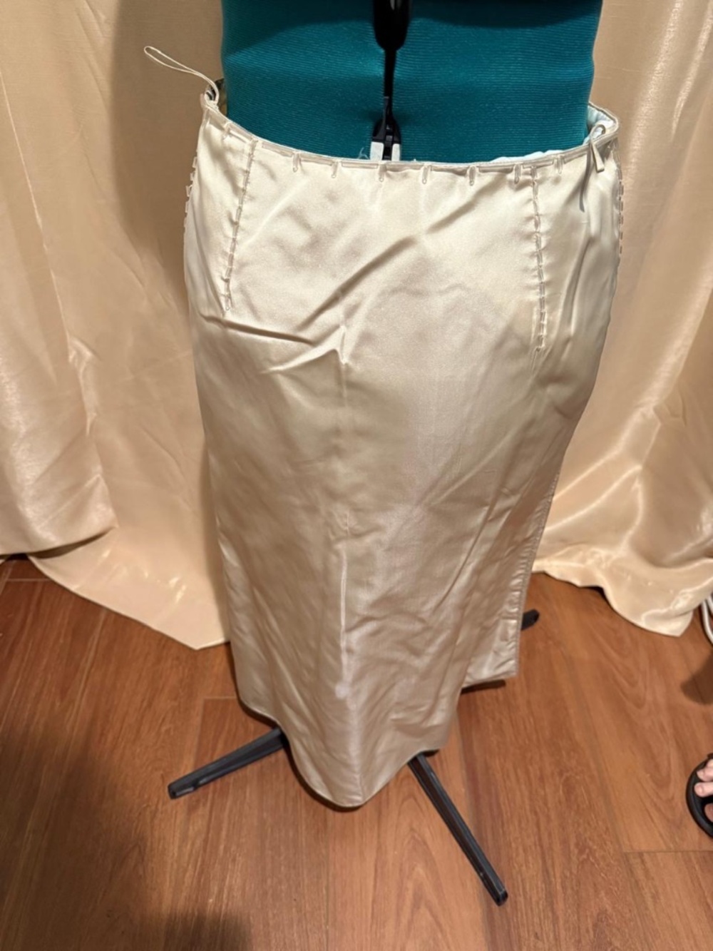 PRADA Vintage Cream Silk Satin Column Skirt Clear Bugle Beading IT 44